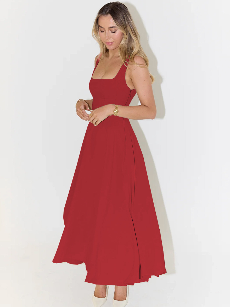 Vestido largo con escote cuadrado y caída fluida