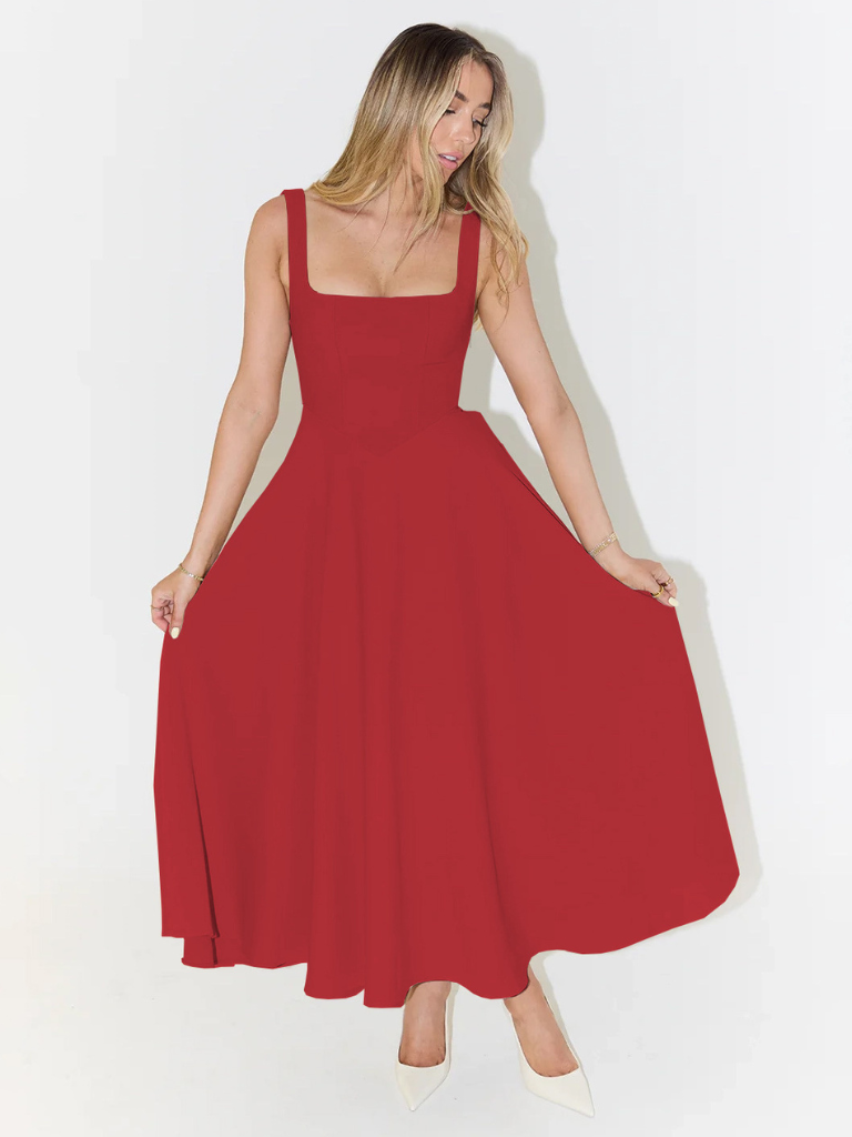 Vestido largo con escote cuadrado y caída fluida