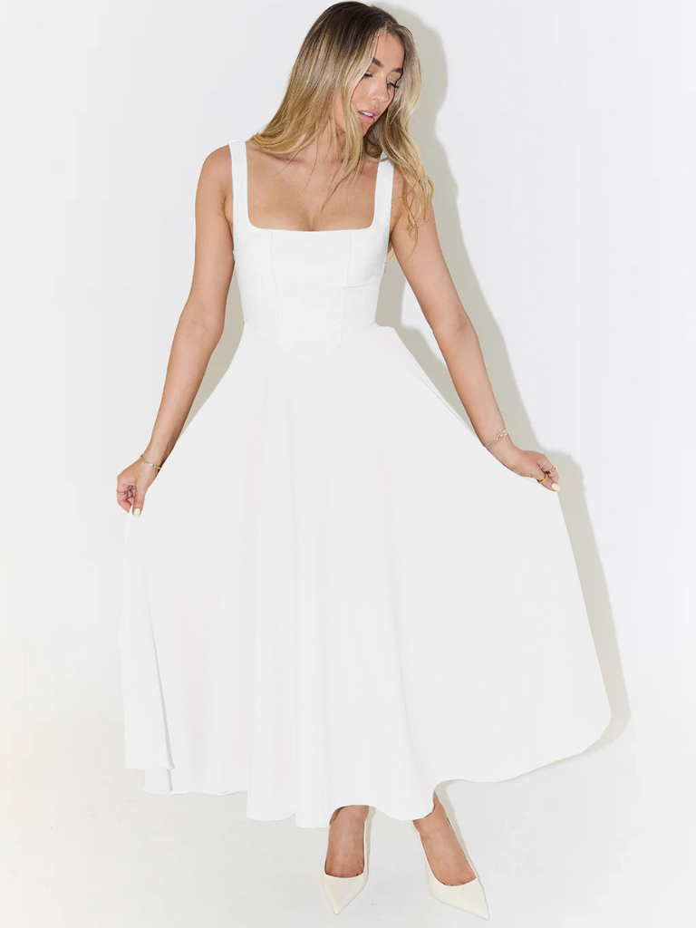 Vestido largo con escote cuadrado y caída fluida