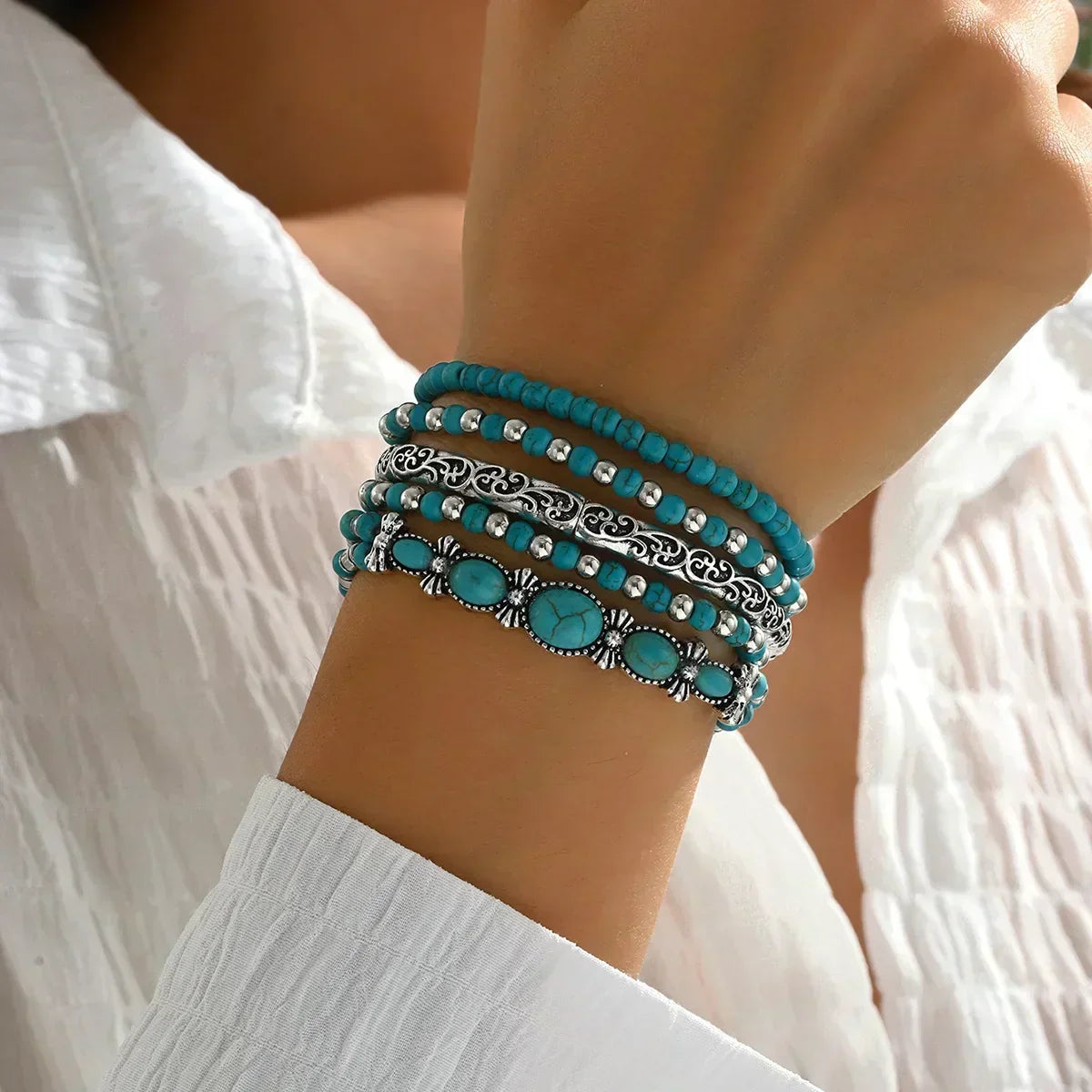 Set de Pulseras Boho Perlas Turquesas