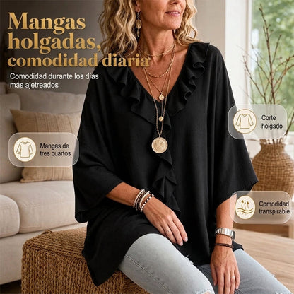 Alma - Blusa casual con escote en V y volantes