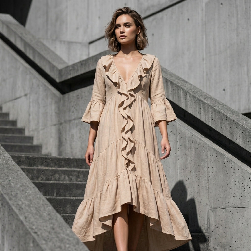 Carolina - Vestido retro con volantes y escote en V