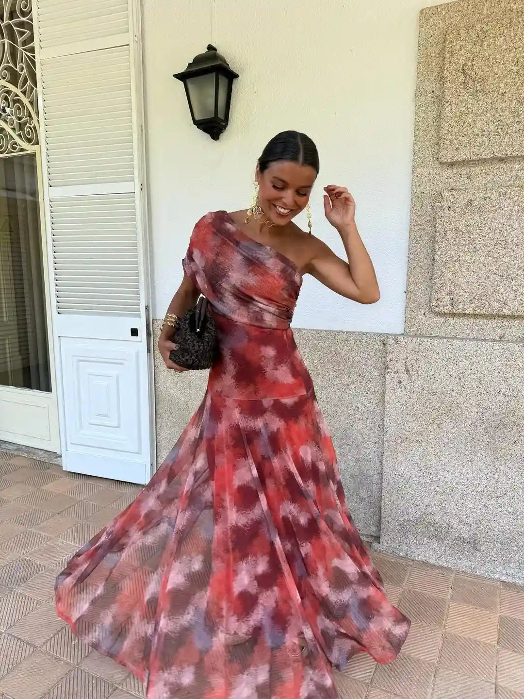 Vestido maxi de malla toledo con un solo hombro