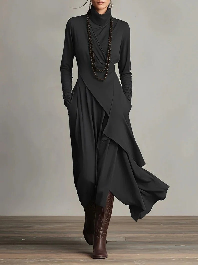 Elena - Vestido maxi elegante con cuello alto y drapeado asimétrico