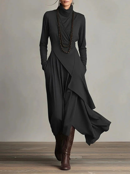 Elena - Vestido maxi elegante con cuello alto y drapeado asimétrico