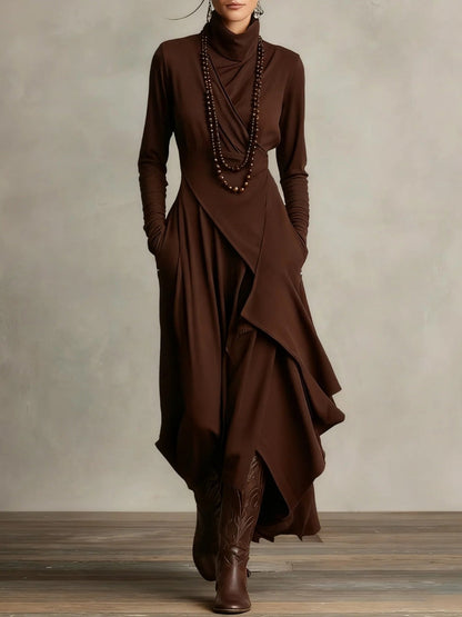 Elena - Vestido maxi elegante con cuello alto y drapeado asimétrico