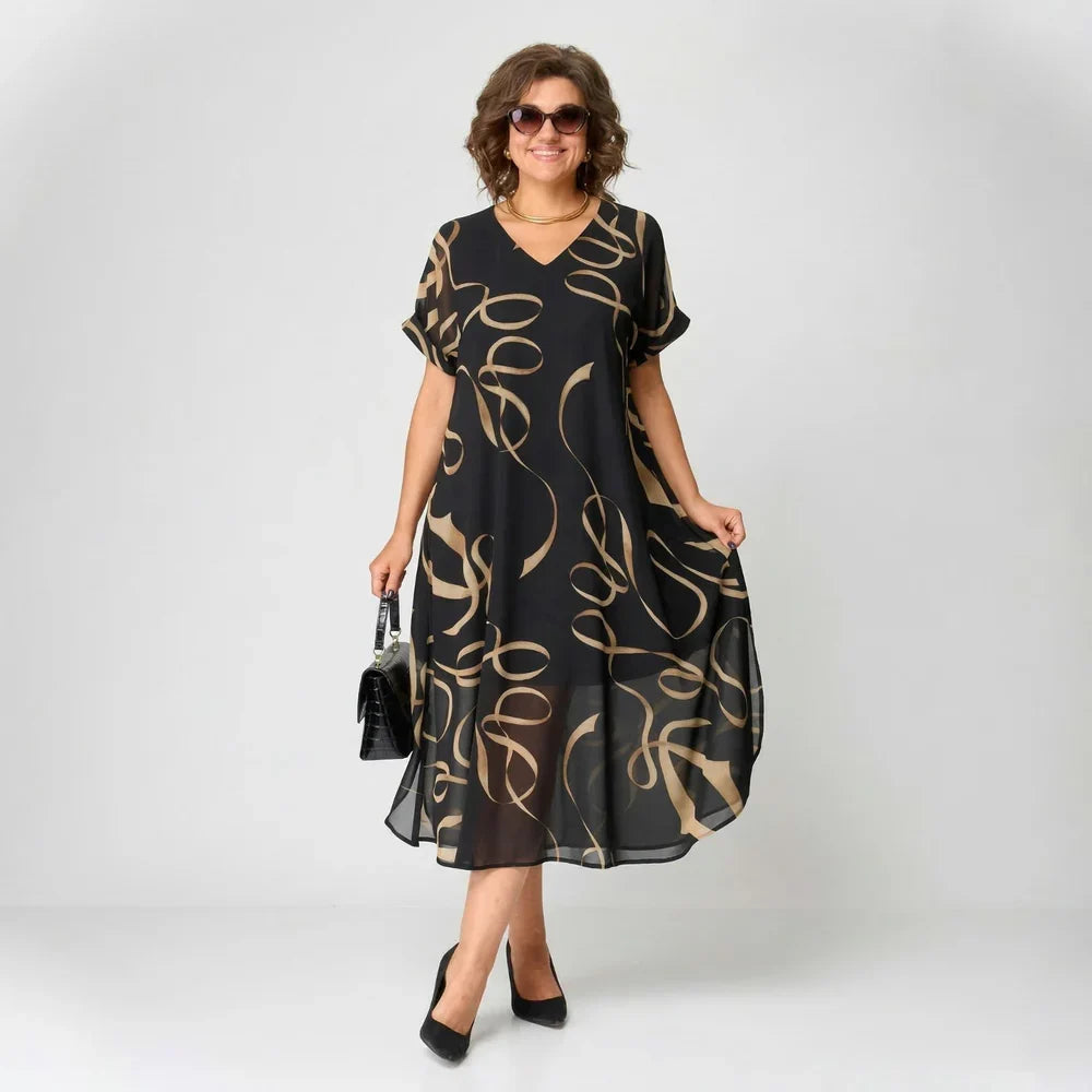 Francisca - Vestido con volante y estampado dorado