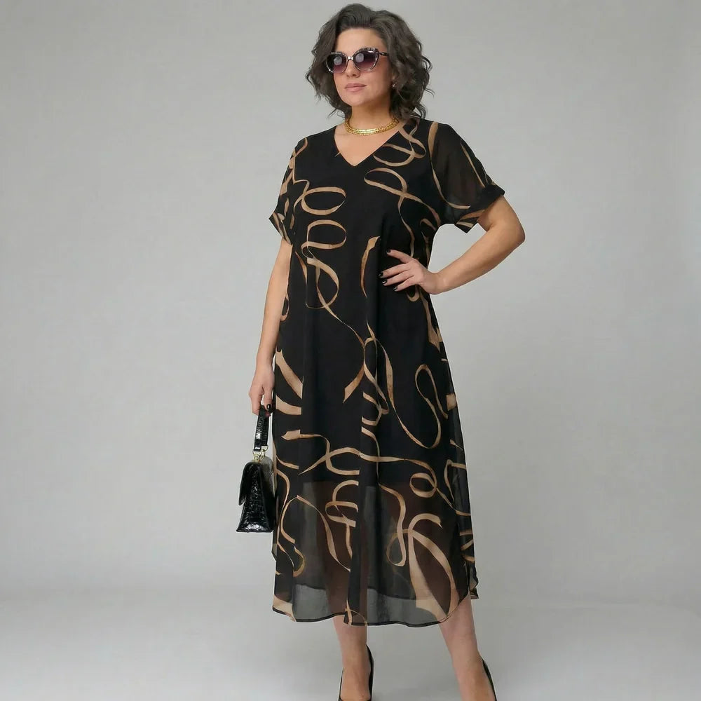 Francisca - Vestido con volante y estampado dorado