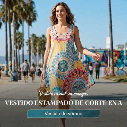 Luna - Vestido de verano estampado sin mangas de corte en A
