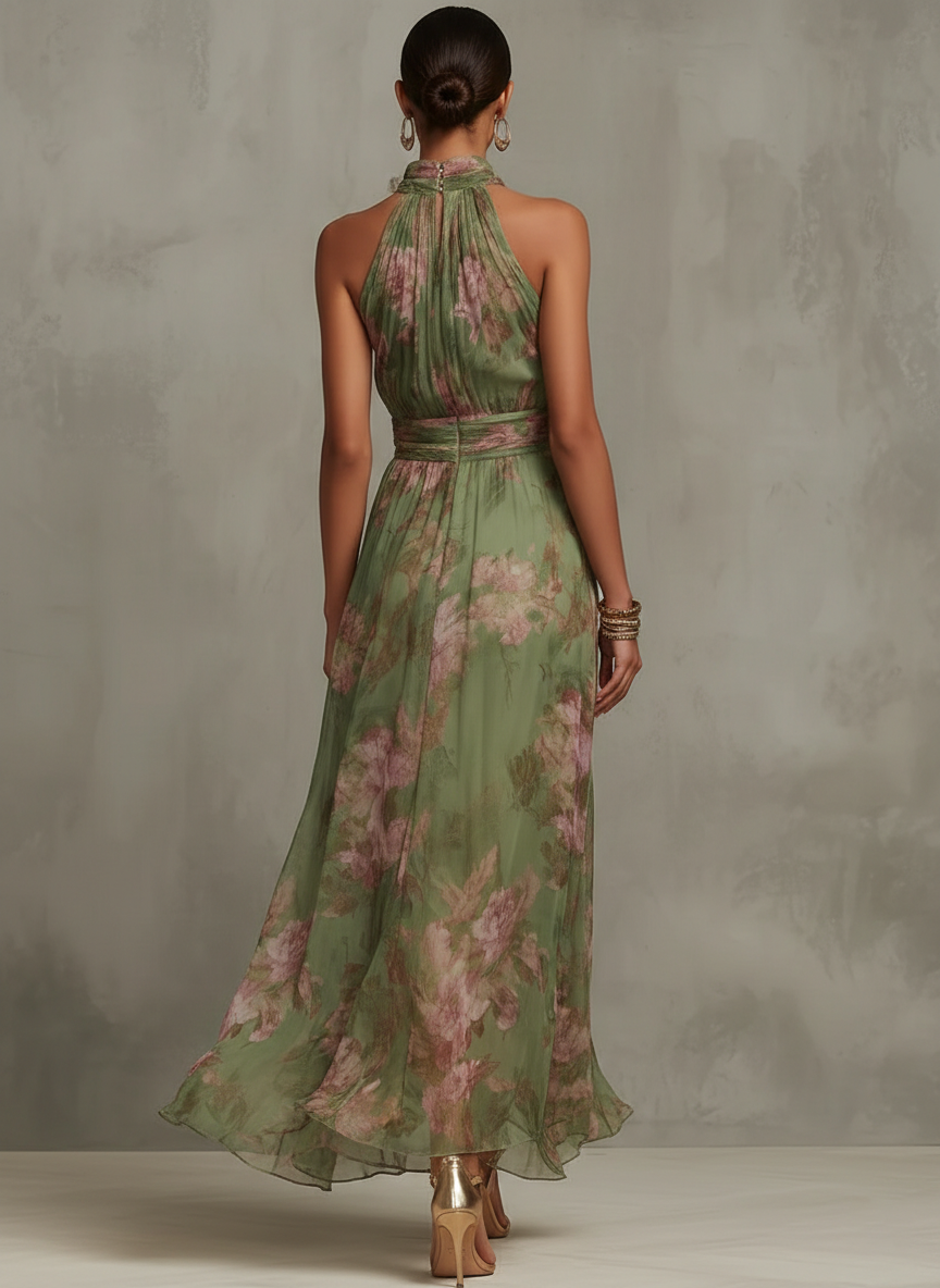Paola | Elegante vestido largo floral fluido que favorece la silueta