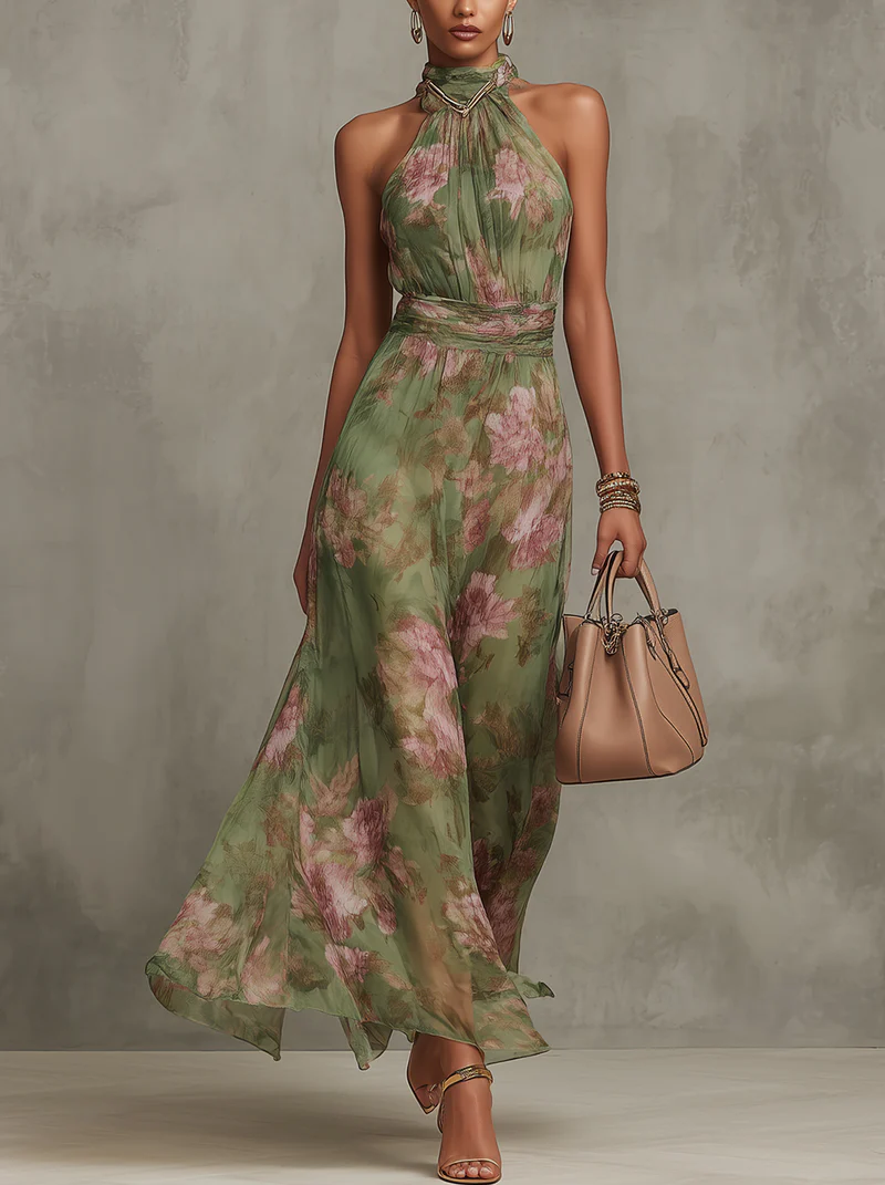 Paola | Elegante vestido largo floral fluido que favorece la silueta