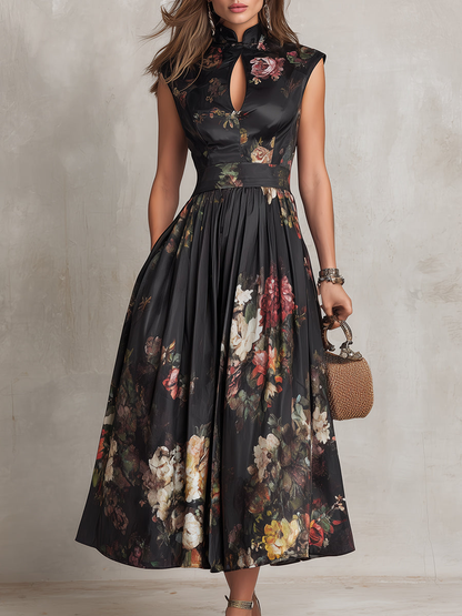 Dunora - Vestido Midi de Satén Plisado Floral con Cuello de Ojal Negro para Mujer