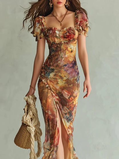 Miriam Vestido Maxi de Chiffon con Estampado Bohemio de Inspiración Óleo en Tonos Naranja