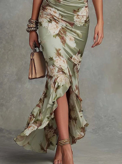 Valentina Vestido Maxi Asimétrico de Satén Verde con Estampado Floral, Escote en V y Mangas Acampanadas con Volantes