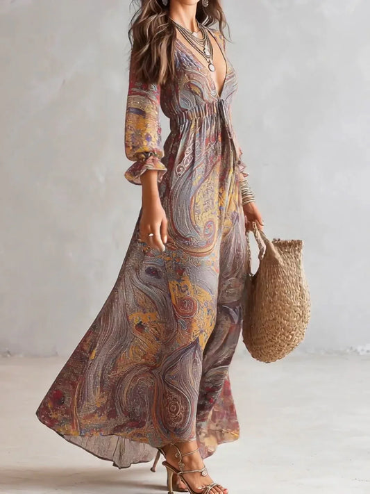 Laura Vestido Maxi de Chiffon con Estampado Paisley y Escote en V