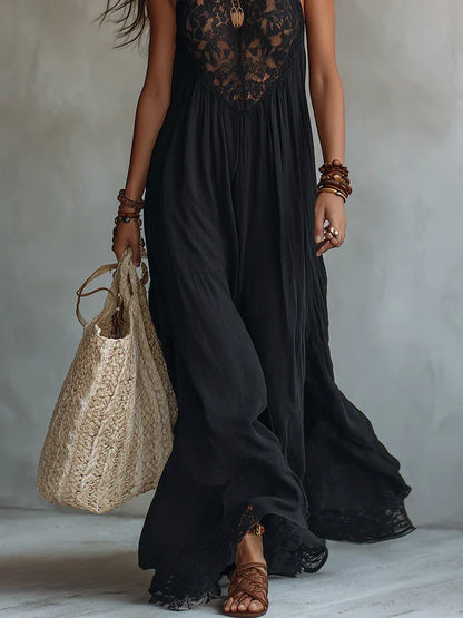 Triana Vestido Maxi Negro Sin Mangas con Detalles de Encaje Bohemio Precio rebajado