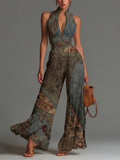 María Mono de Chiffon sin Mangas con Estampado Étnico Bohemio, Cremallera y Pernera Ancha Plisada