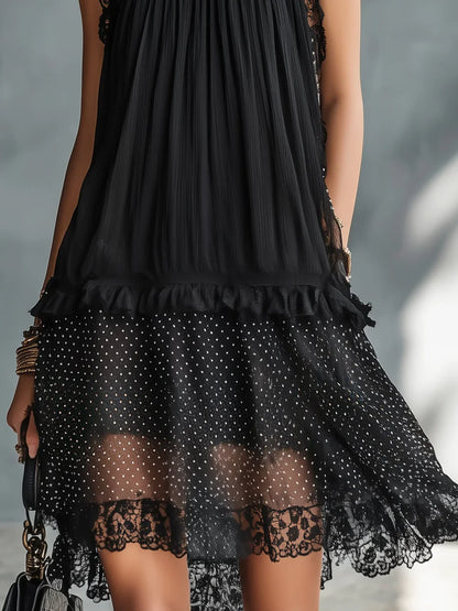 Elina Vestido Mini Negro con Tul de Lunares, Volantes y Acabado de Encaje Negro