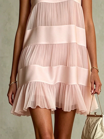 Estrella Vestido Mini de Chiffon Rosa Claro Plisado con Diseño de Capas y Patchwork