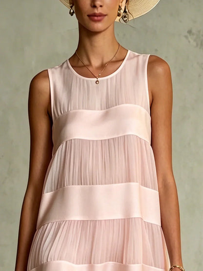 Estrella Vestido Mini de Chiffon Rosa Claro Plisado con Diseño de Capas y Patchwork