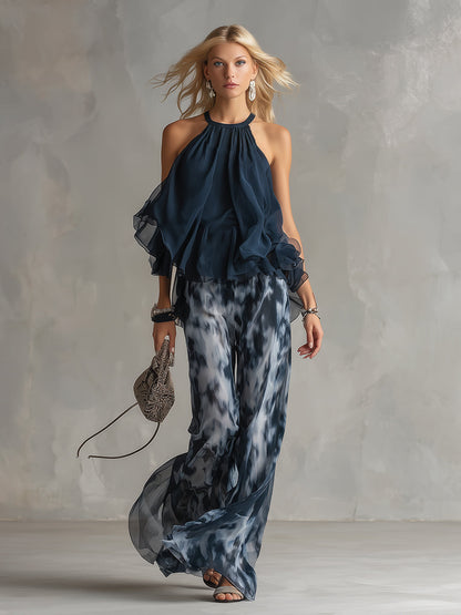 Conjunto De Chiffon Con Top De Cuello Alto Y Pantalón