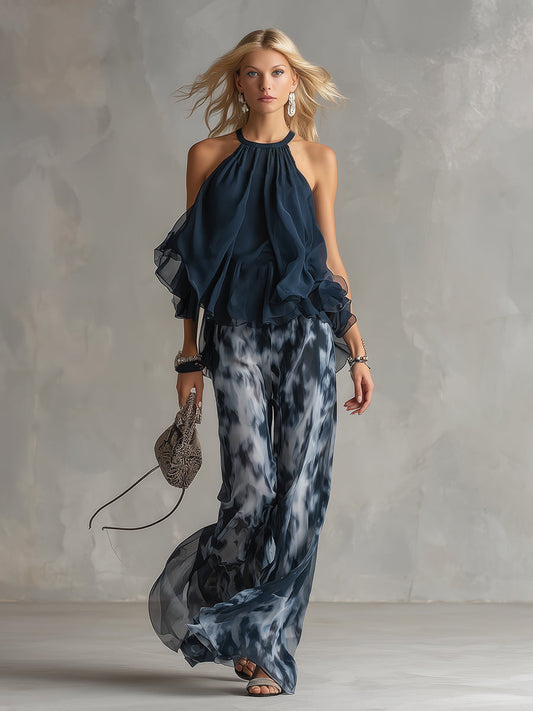 Conjunto De Chiffon Con Top De Cuello Alto Y Pantalón