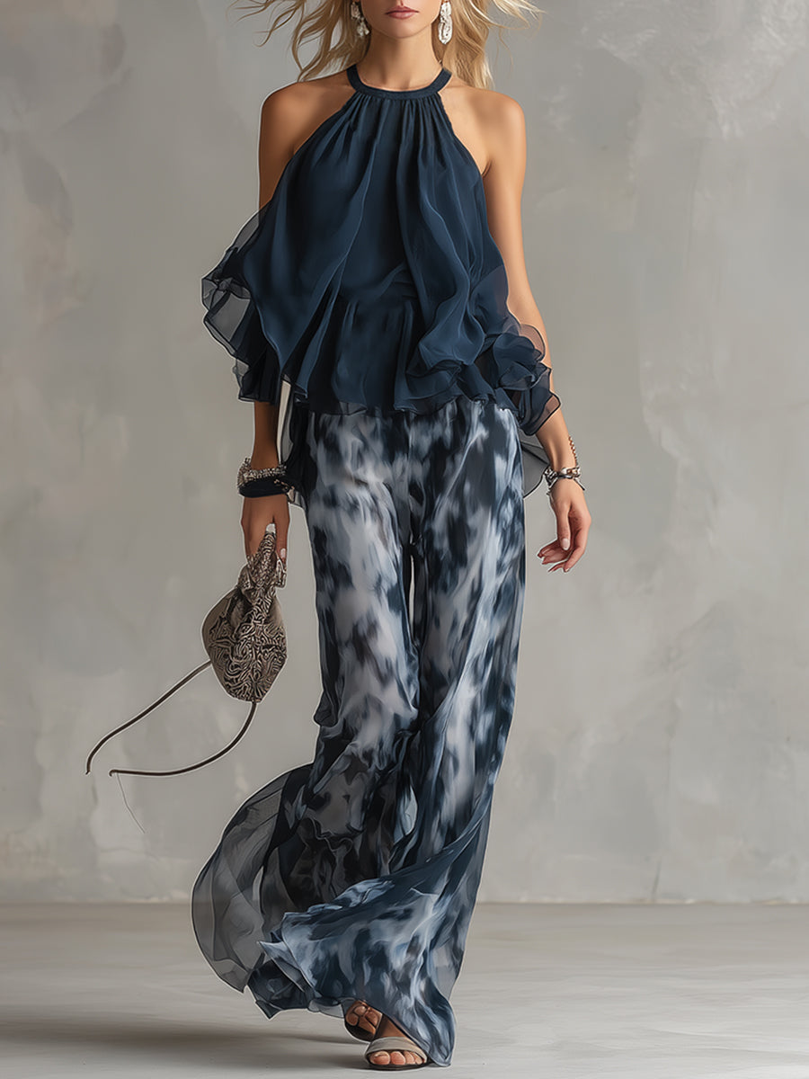 Conjunto De Chiffon Con Top De Cuello Alto Y Pantalón