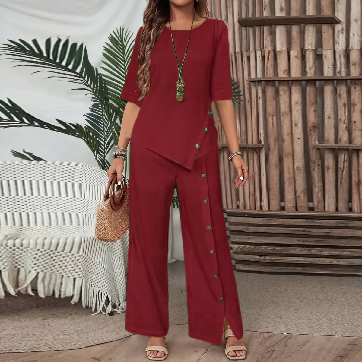 Elena - Conjunto elegante de top asimétrico y pantalón ancho