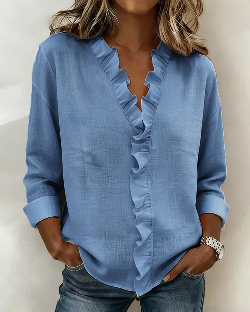 Blusa Elegante con Escote en V y Volantes Delicados