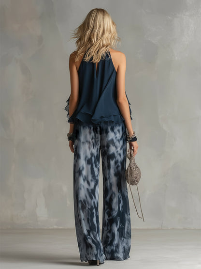 Conjunto De Chiffon Con Top De Cuello Alto Y Pantalón