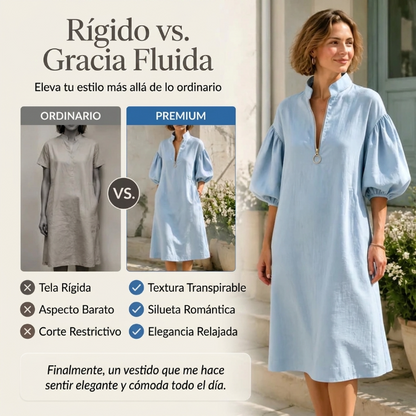 Amaia - Vestido midi con media cremallera y mangas abullonadas