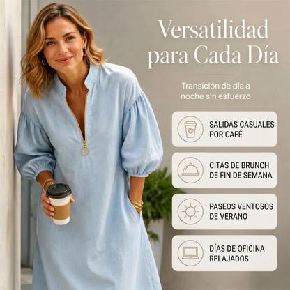 Amaia - Vestido midi con media cremallera y mangas abullonadas