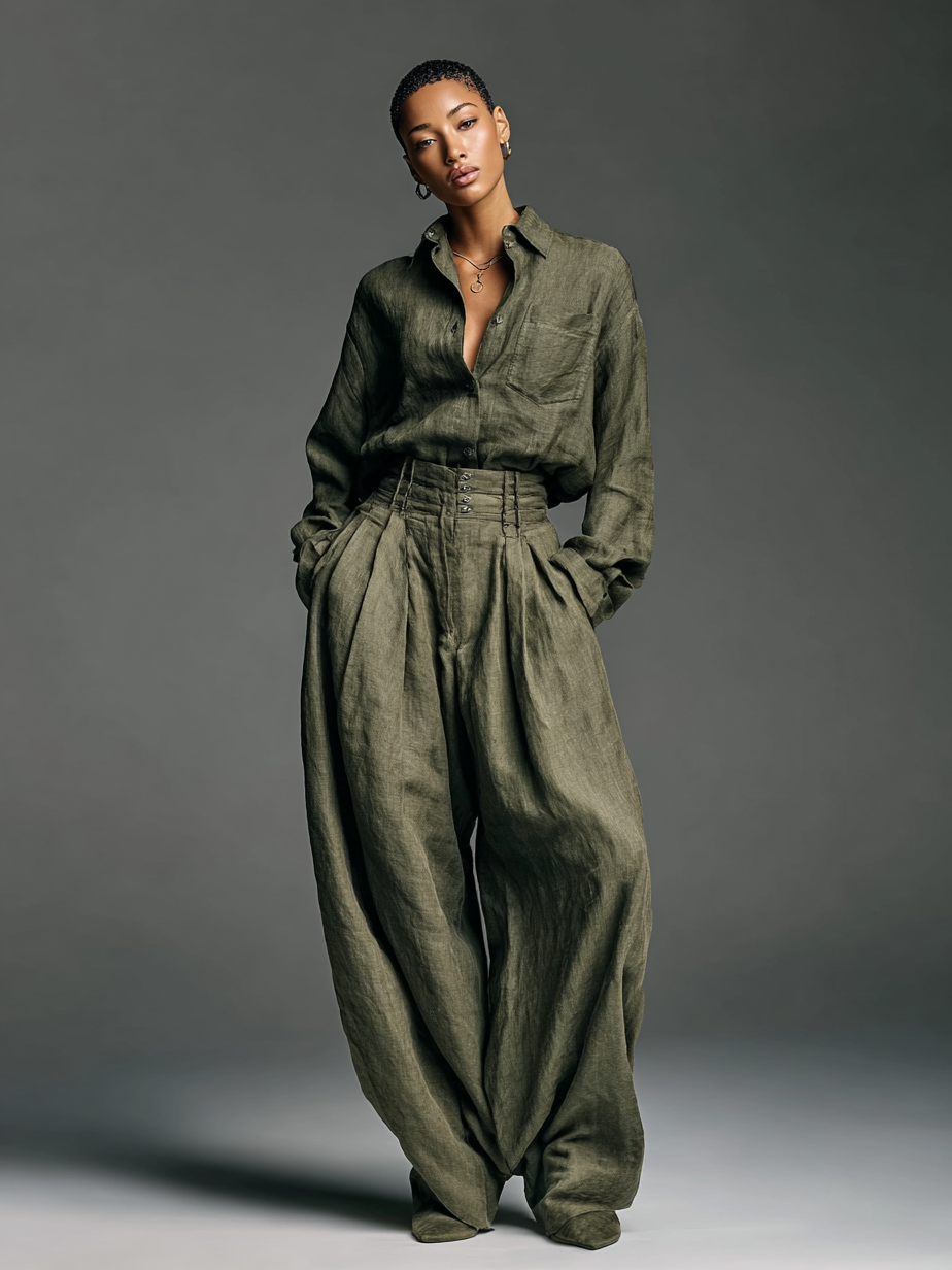 Conjunto Mujer Algodón Lino Camisa y Pantalón Ancho