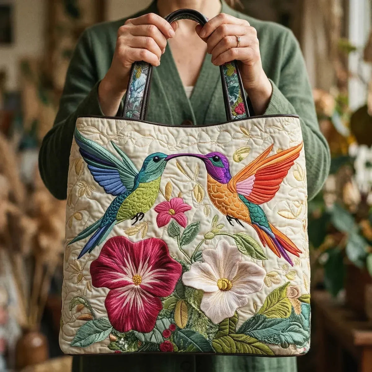 Bolso acolchado - Colibríes y flores blancas