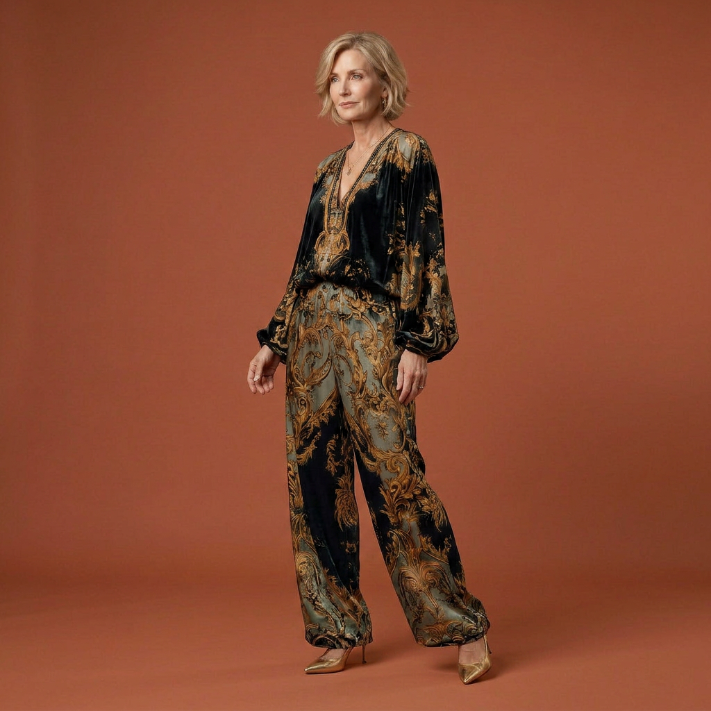 Conjunto Barroco de Terciopelo con Estampado Floral
