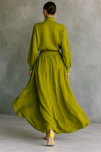 Conjunto Mujer Algodón Lino Verde Con Pantalón Ancho