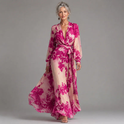 Julieta - Vestido maxi floral rosa con escote en V y cinturón