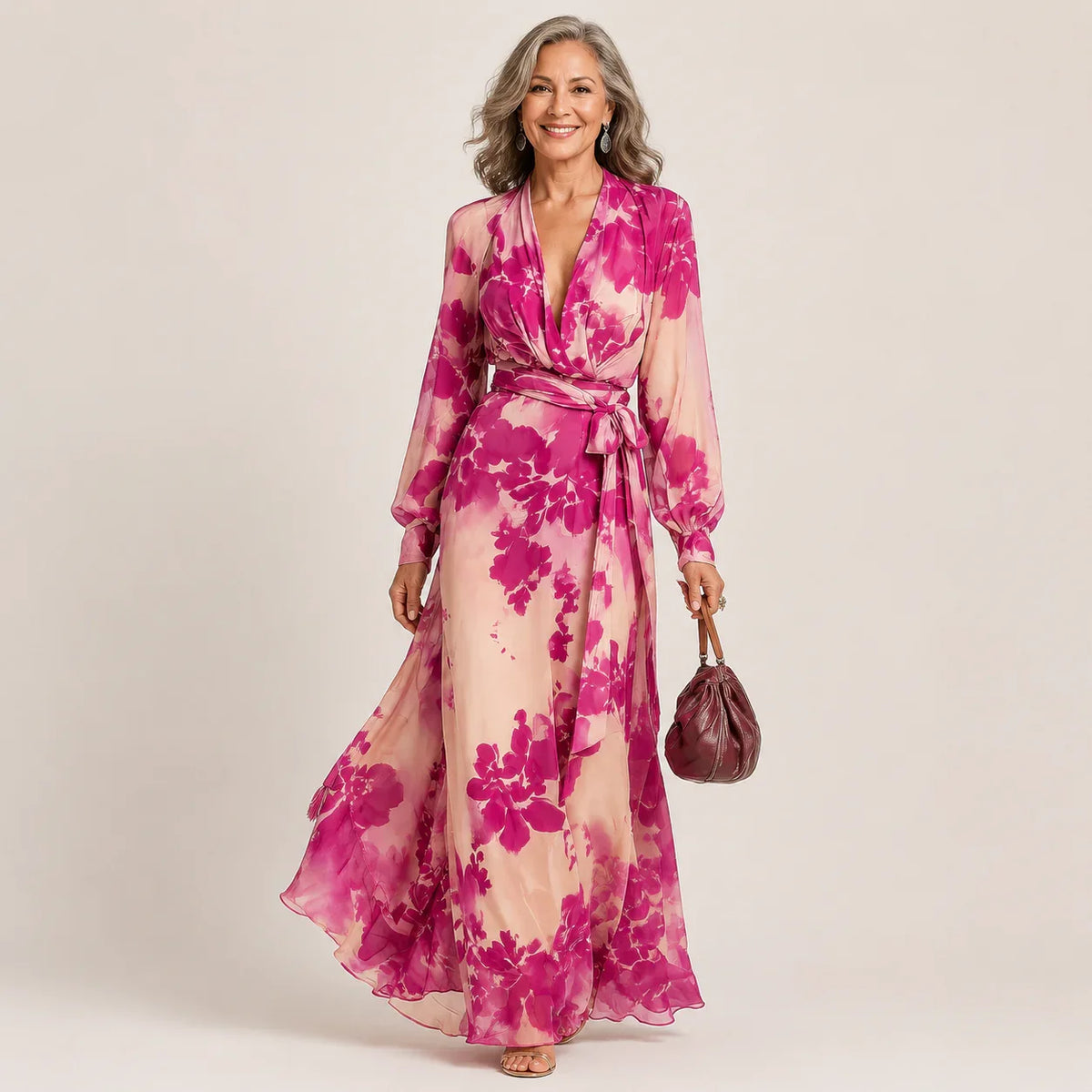 Julieta - Vestido maxi floral rosa con escote en V y cinturón
