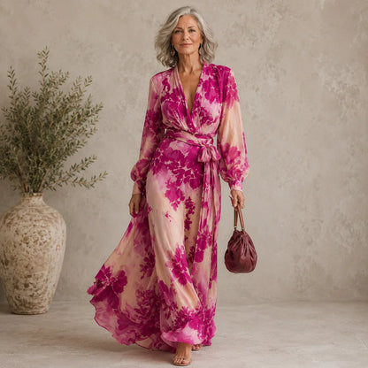 Julieta - Vestido maxi floral rosa con escote en V y cinturón