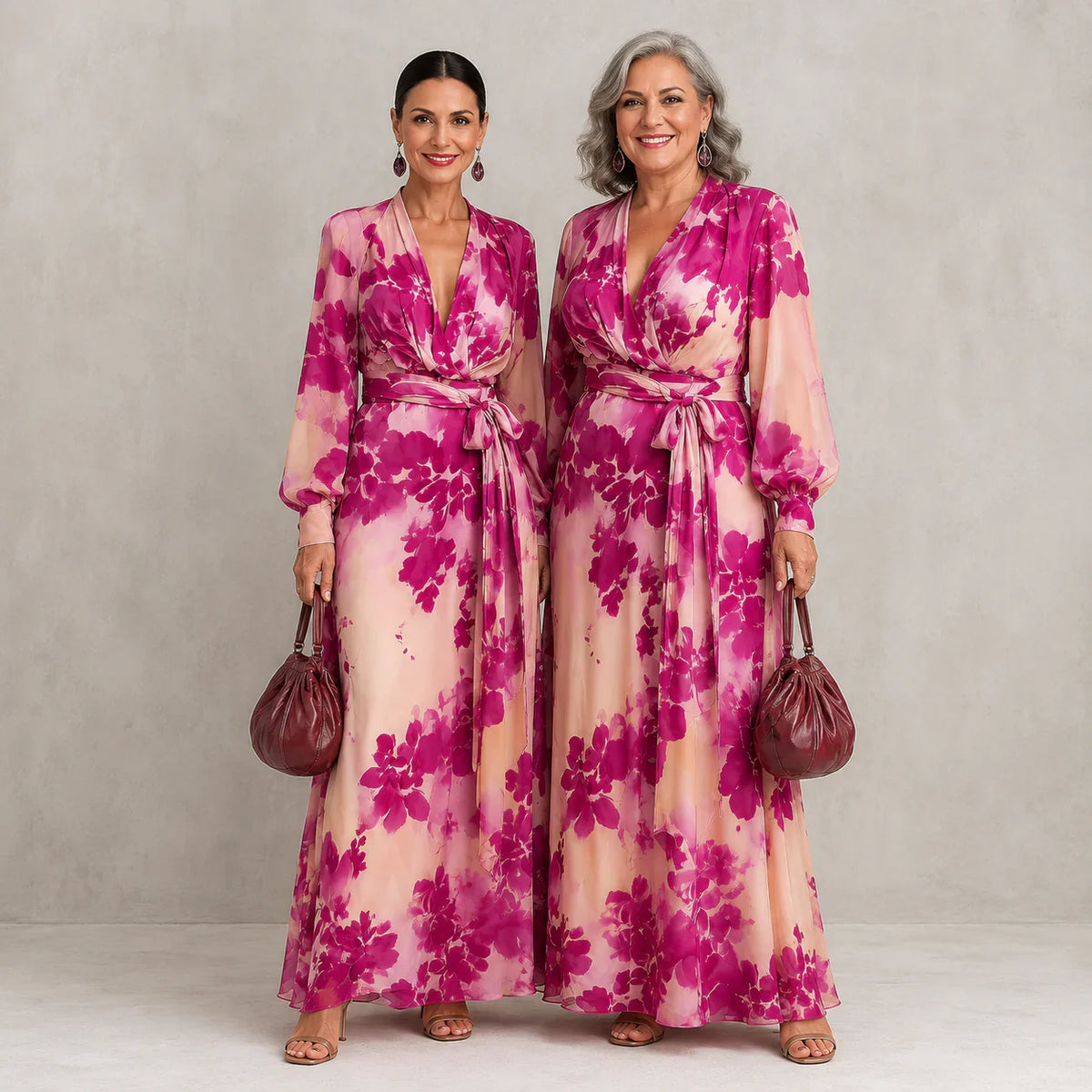 Julieta - Vestido maxi floral rosa con escote en V y cinturón