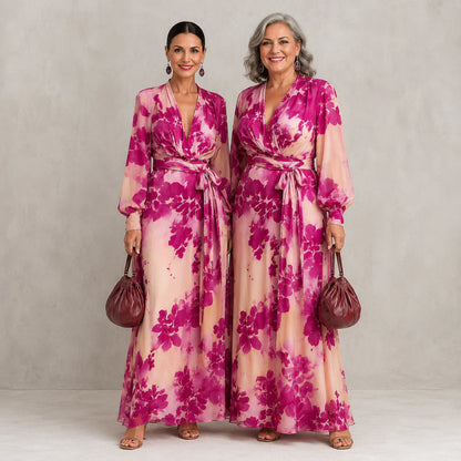Julieta - Vestido maxi floral rosa con escote en V y cinturón