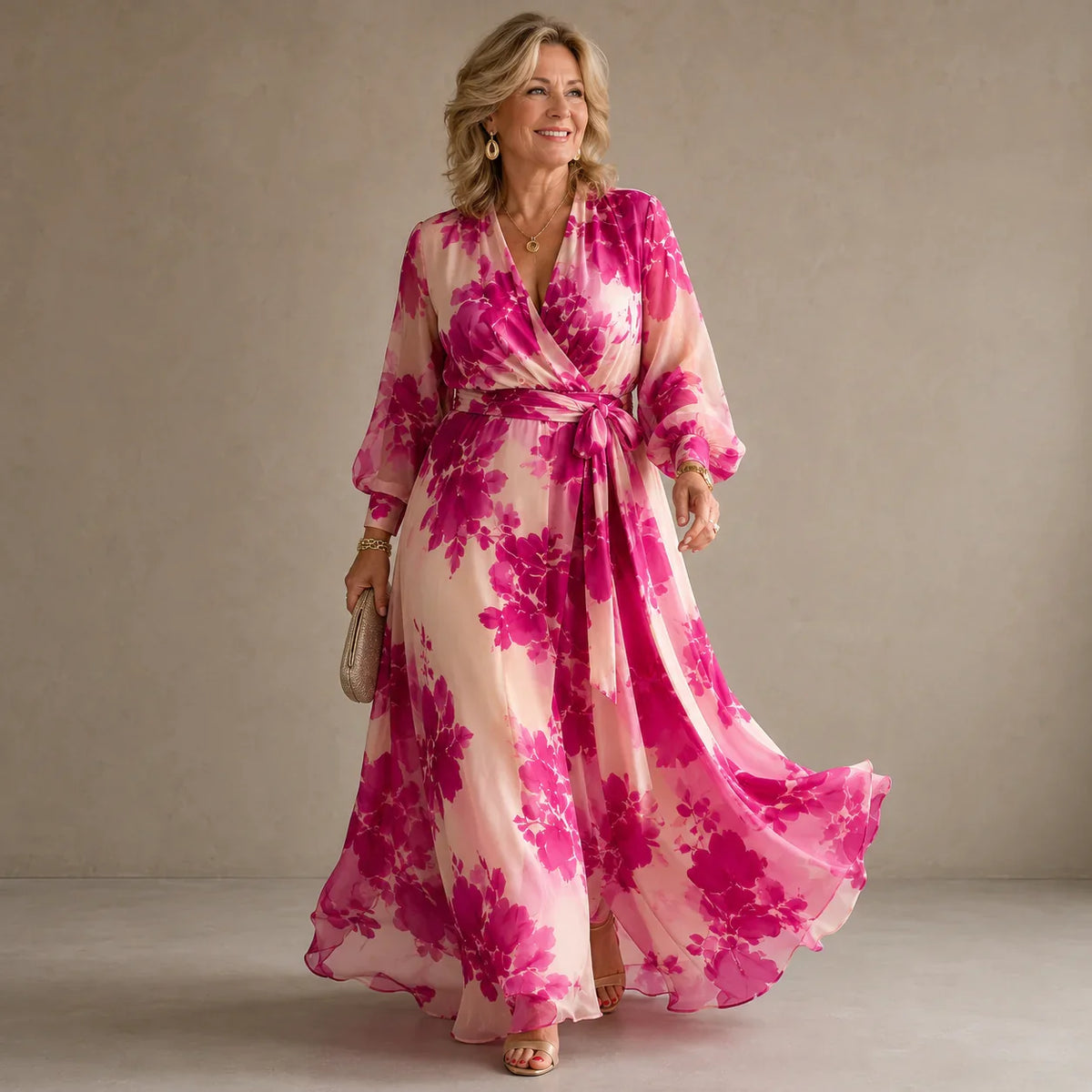 Julieta - Vestido maxi floral rosa con escote en V y cinturón