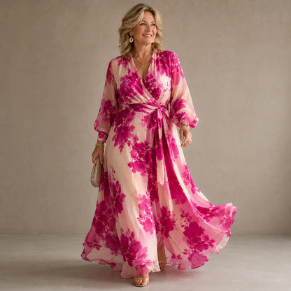 Julieta - Vestido maxi floral rosa con escote en V y cinturón