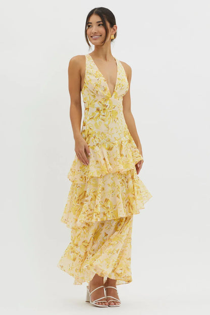 Maya - Vestido largo floral con volantes