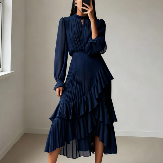 Noelia - Vestido elegante con escote ojo de cerradura y volantes