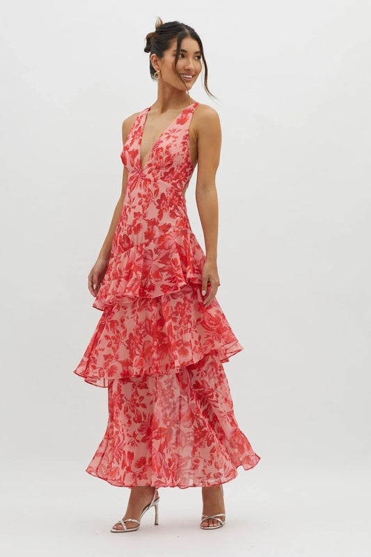 Maya - Vestido largo floral con volantes