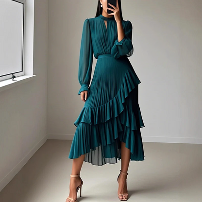 Noelia - Vestido elegante con escote ojo de cerradura y volantes