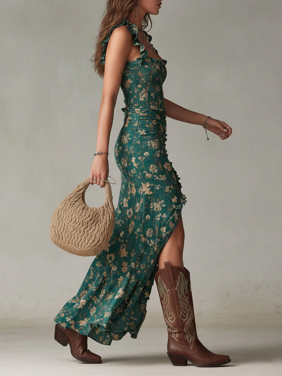 Zara | Vestido maxi boho retro con mangas fluidas y abertura lateral para Mujer