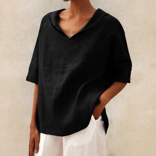 Blusa De Lino Clásica Con Cuello En V Para Mujer