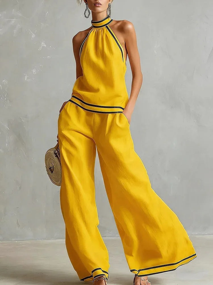 Blanca Conjunto de Dos Piezas con Top Halter y Pantalón Palazzo